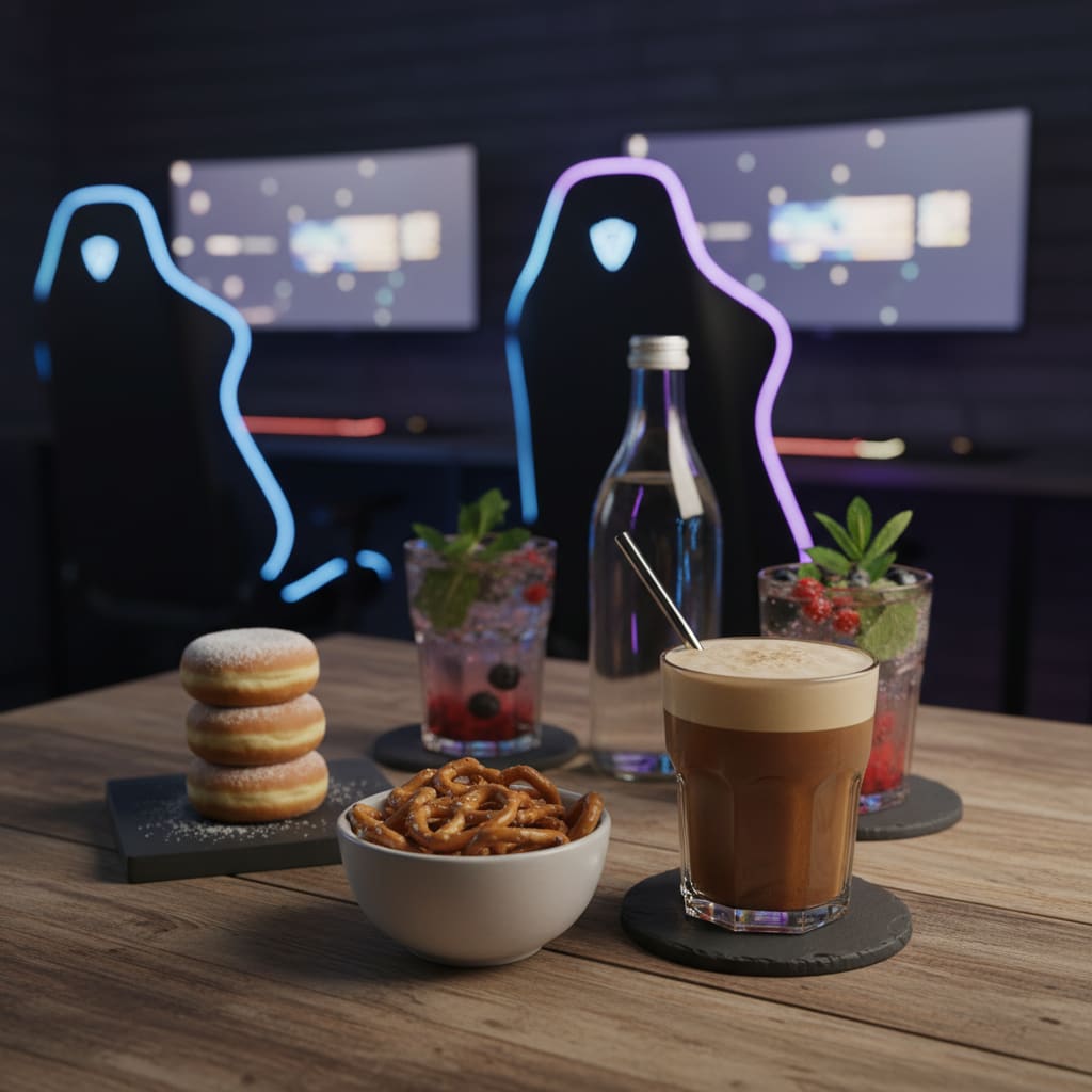 Assorted café snacks and beverages
