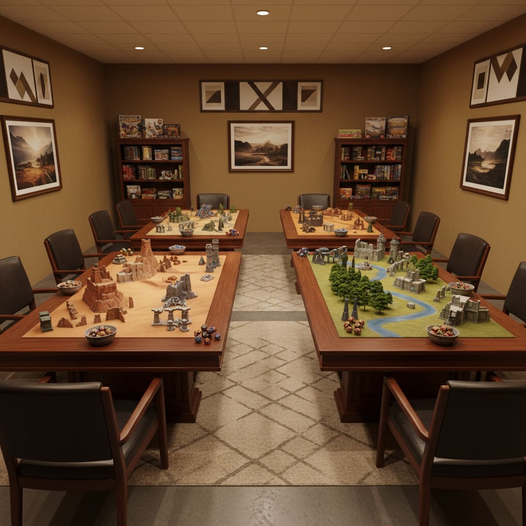 Dedicated tabletop gaming room with large tables