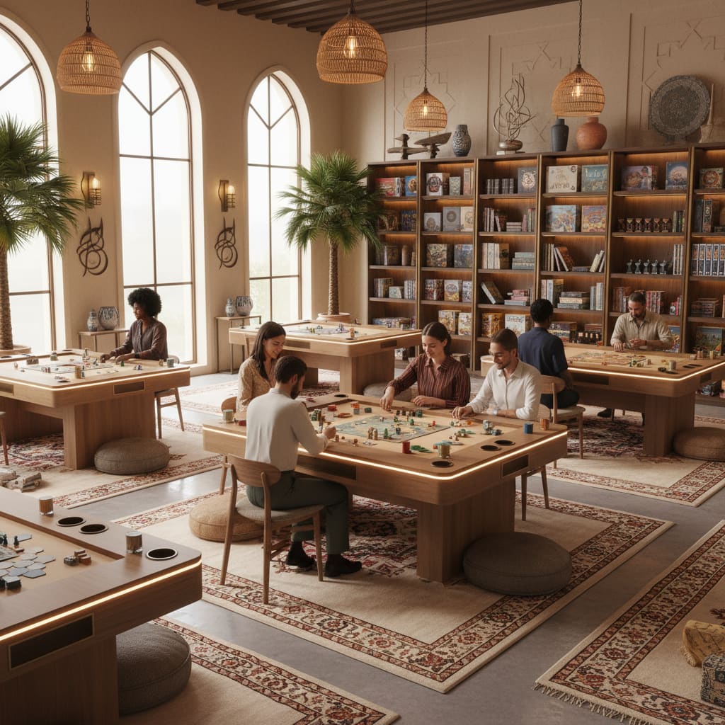 Bright, welcoming tabletop gaming lounge in Doha with players and shelves of games