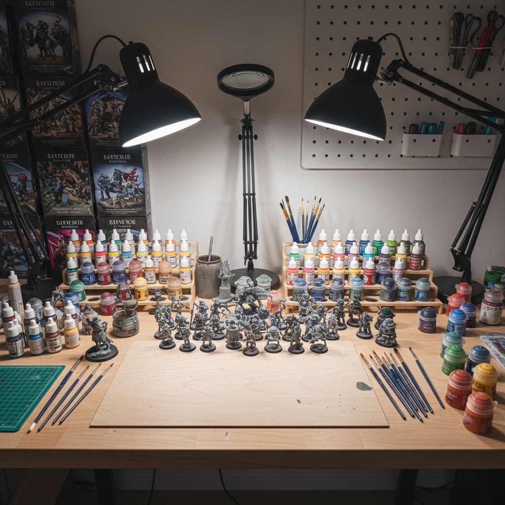 Miniature painting hobby station with lamps and paints
