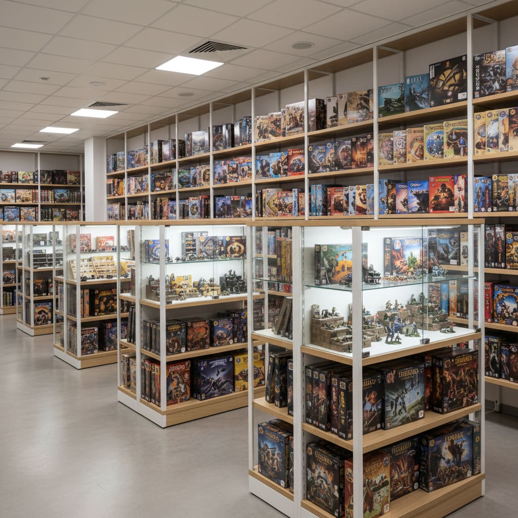 Retail shelves with board games and miniatures